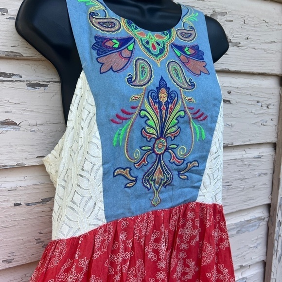 Flying Tomato Embroidered Mixed Media Summer BoHo Beachy Festival Maxi Dress L - Picture 4 of 5
